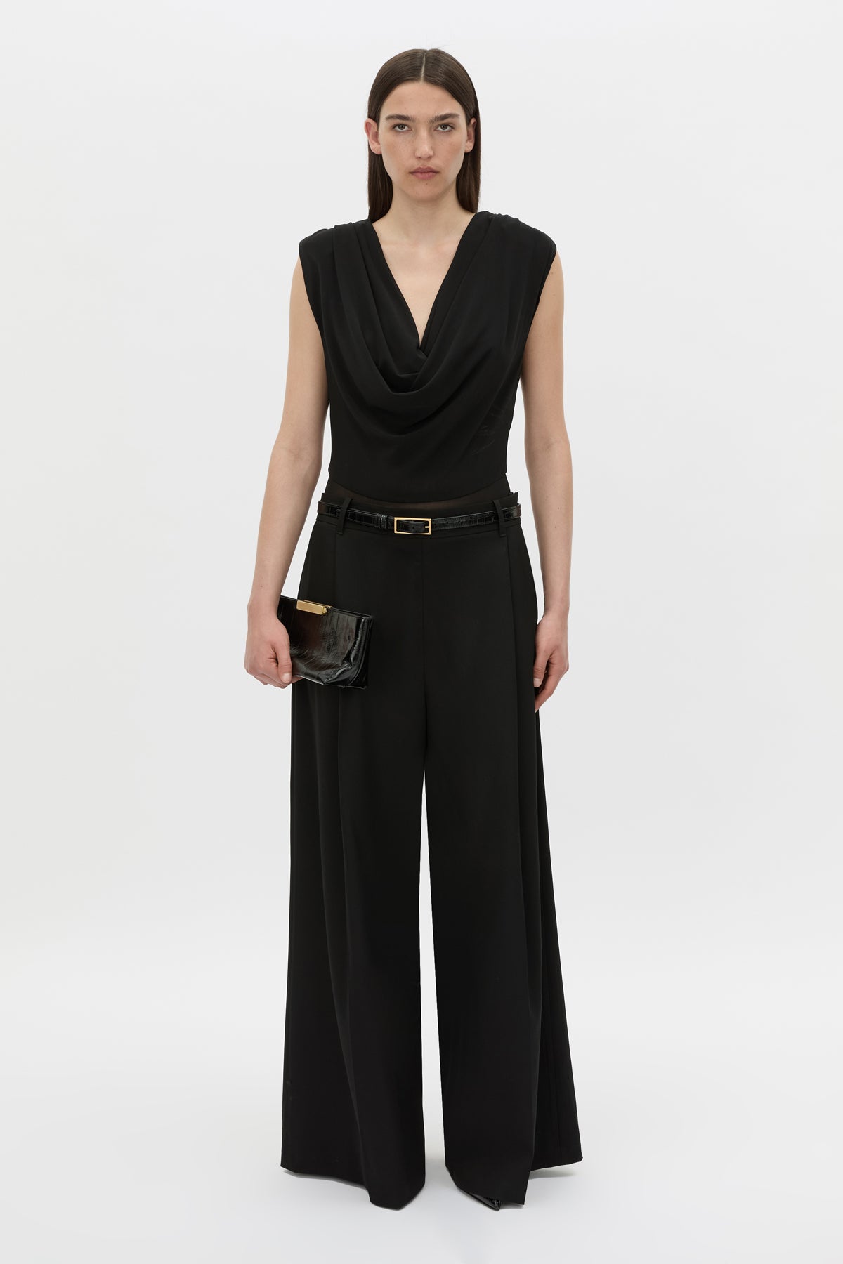 Front view CAMILLA AND MARC Taryn Mesh Bodysuit in black with a cowl-plunging neckline.