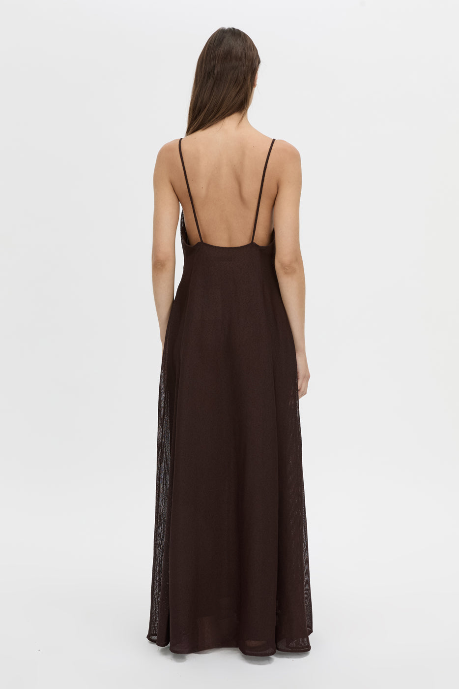 Back view CAMILLA AND MARC Tessara Maxi Dress in chocolate brown with a low‑back.