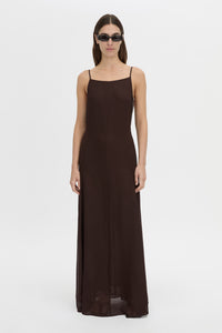 Front-styled view CAMILLA AND MARC Tessara Maxi Dress in chocolate brown with a low‑back.