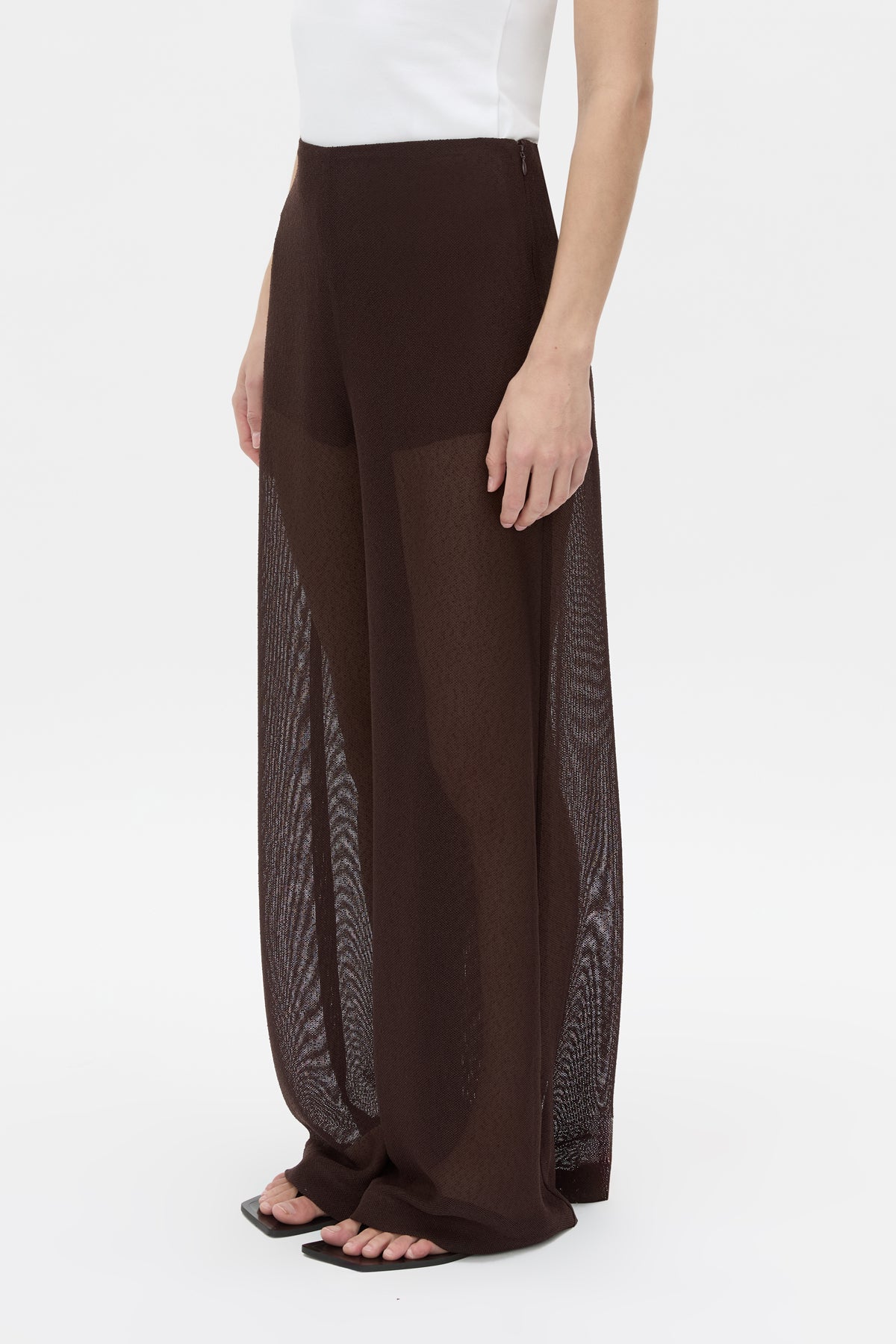 Cropped view CAMILLA AND MARC high-waisted Tessara Pant in chocolate brown.