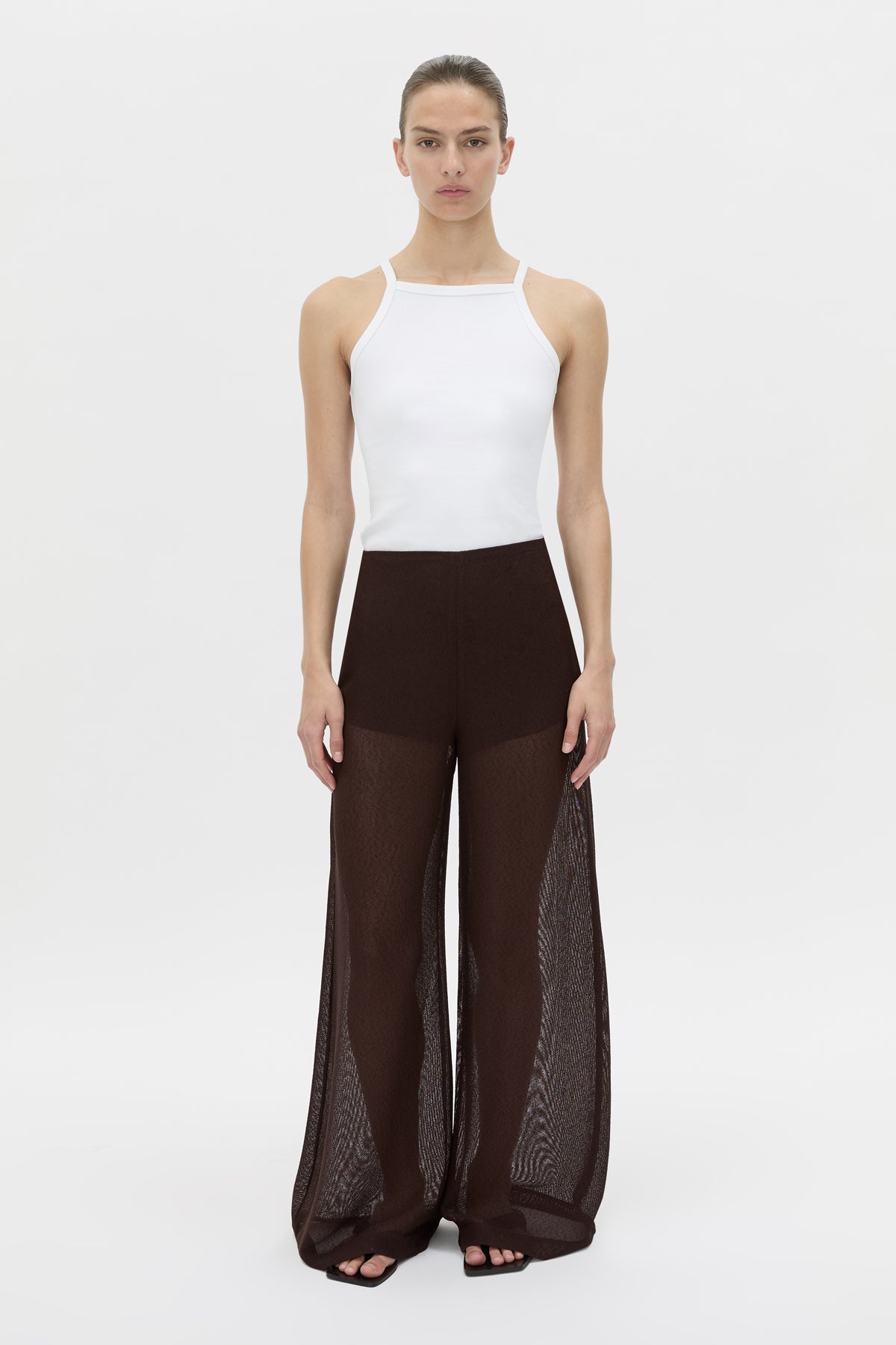 Front view CAMILLA AND MARC high-waisted Tessara Pant in chocolate brown.