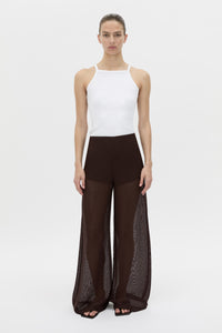 Front view CAMILLA AND MARC high-waisted Tessara Pant in chocolate brown.