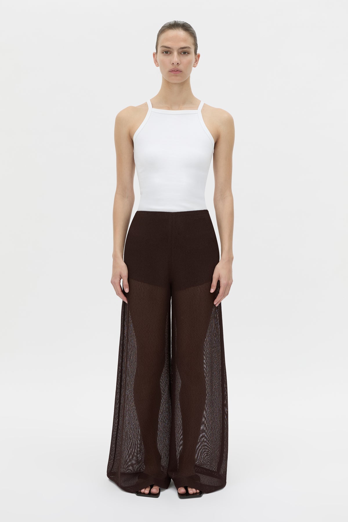 Front-styled view CAMILLA AND MARC high-waisted Tessara Pant in chocolate brown.