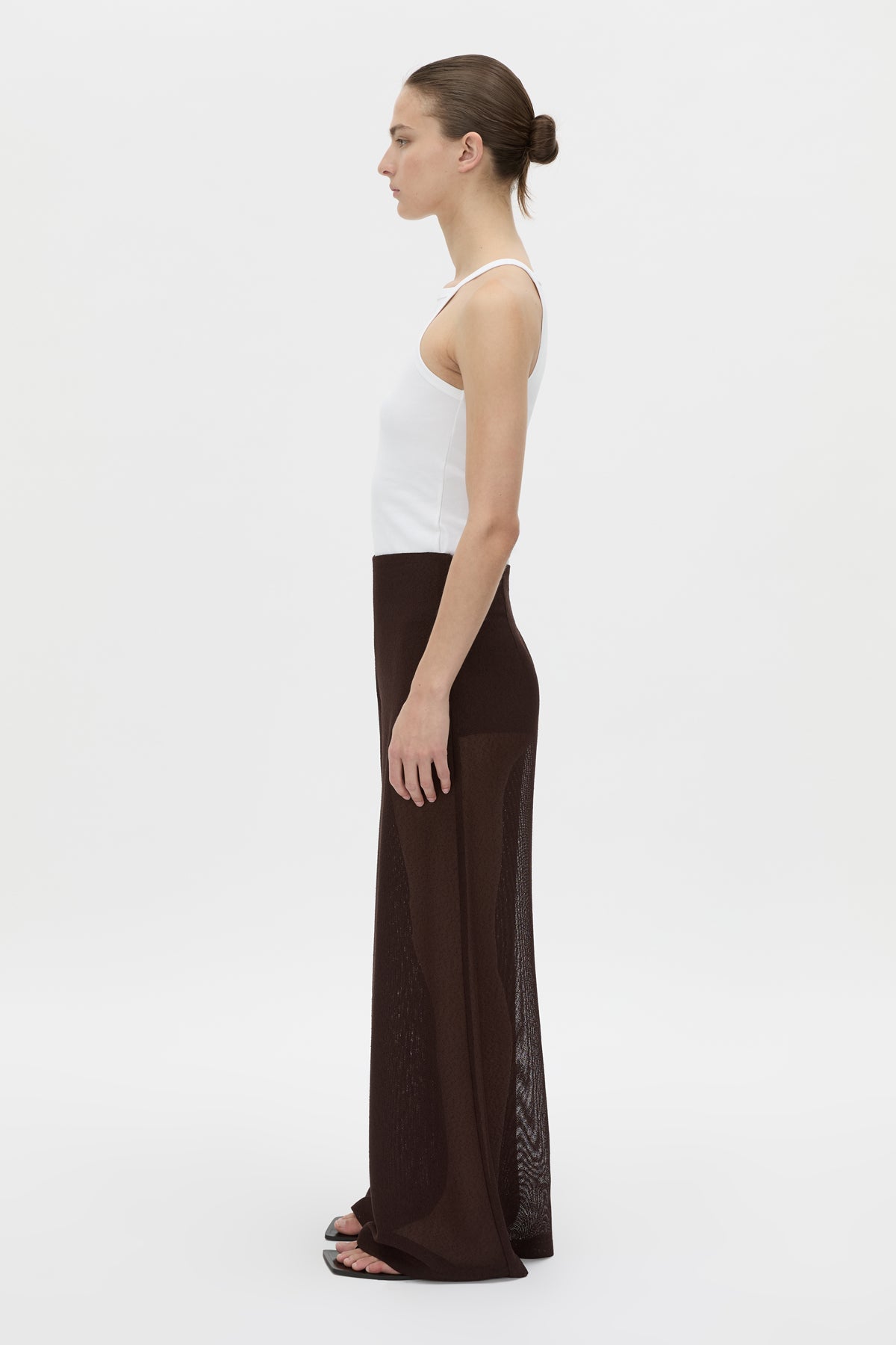 Styled view CAMILLA AND MARC high-waisted Tessara Pant in chocolate brown.