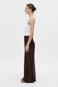 Styled view CAMILLA AND MARC high-waisted Tessara Pant in chocolate brown.