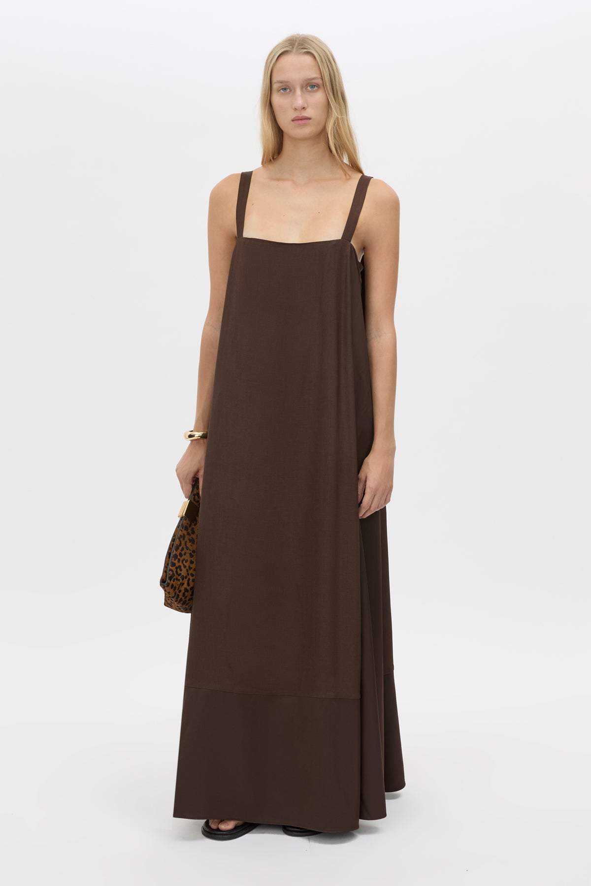 Front view CAMILLA AND MARC Tove Maxi Dress in Chocolate with a sleeveless silhouette and contrasting satin trim. 