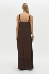 Back view CAMILLA AND MARC Tove Maxi Dress in Chocolate with a sleeveless silhouette and contrasting satin trim. 