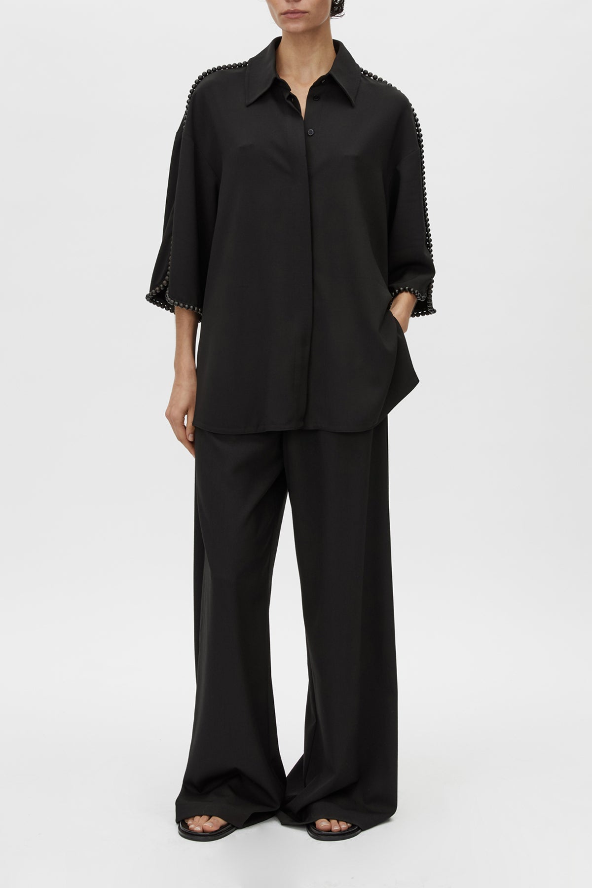 Trevi Shirt - CAMILLA AND MARC Trevi black short-sleeve shirt with wooden hand beaded detail