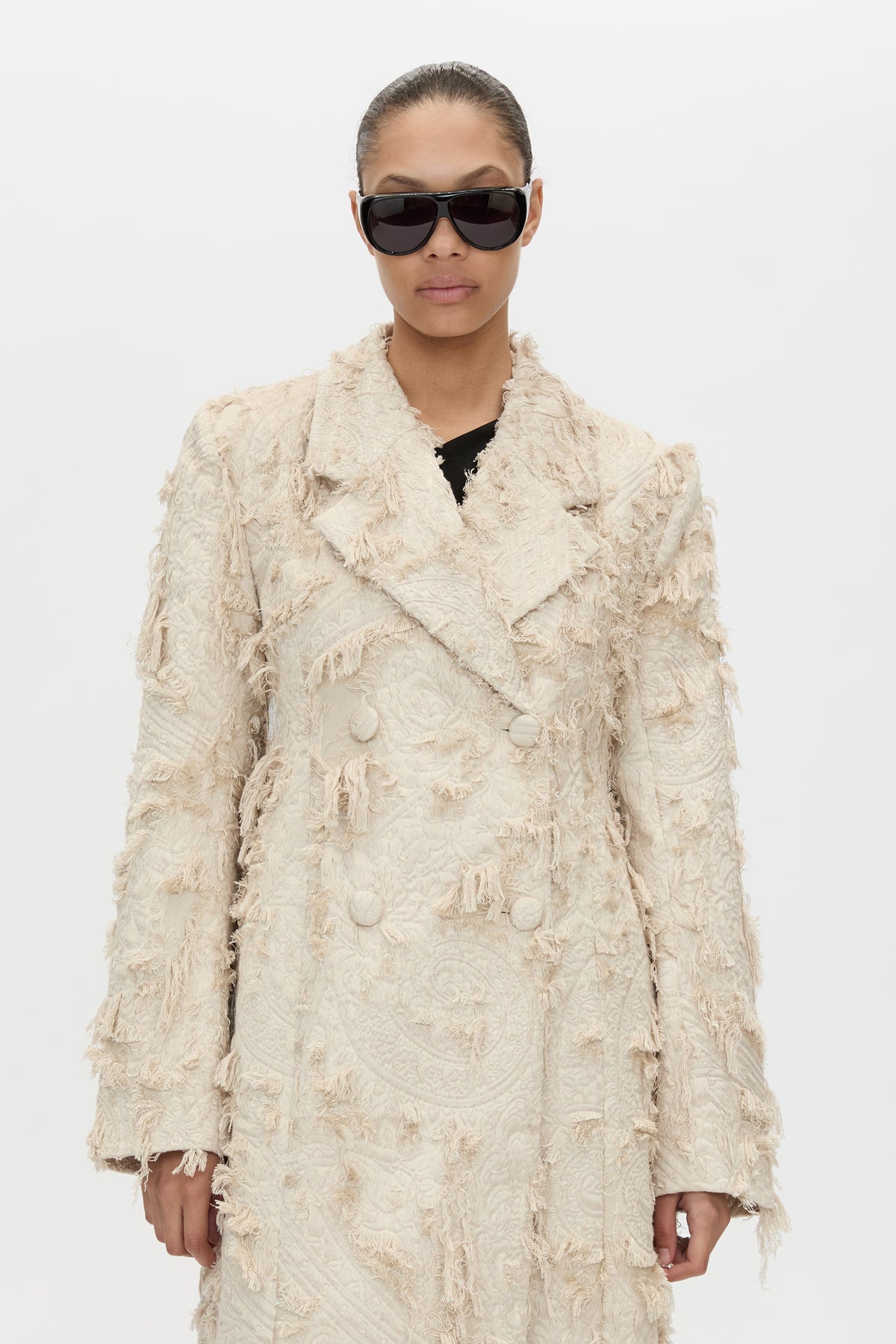 Cropped view CAMILLA AND MARC Tundra Double Breasted Coat in Stone with exaggerated shoulders, fitted waist and jacquard floral texture.