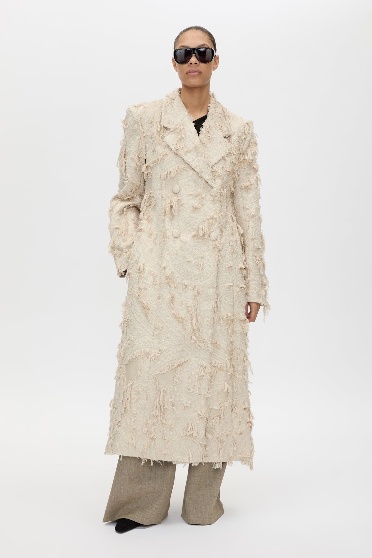 Front view CAMILLA AND MARC Tundra Double Breasted Coat in Stone with exaggerated shoulders, fitted waist and jacquard floral texture.