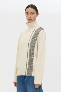 Cropped view CAMILLA AND MARC Tusk Detail Knit Turtleneck in Black with contrast jacquard stripe and Australian wool.
