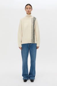 Front styled view CAMILLA AND MARC Tusk Detail Knit Turtleneck in Black with contrast jacquard stripe and Australian wool.