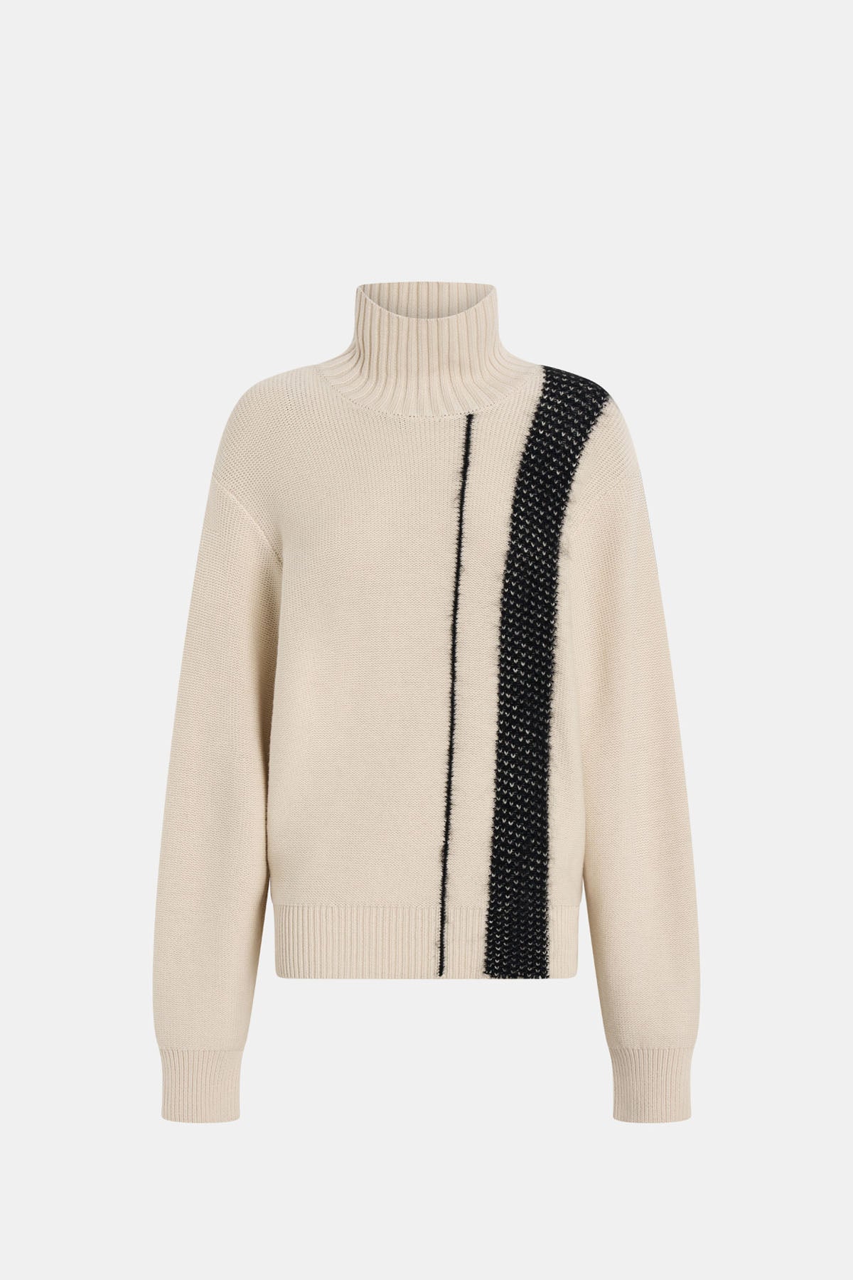 Ghost view CAMILLA AND MARC Tusk Detail Knit Turtleneck in Black with contrast jacquard stripe and Australian wool.