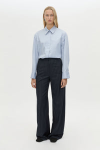 Front view CAMILLA AND MARC Tyler Long Sleeve Shirt in Sky Blue with relaxed fit.