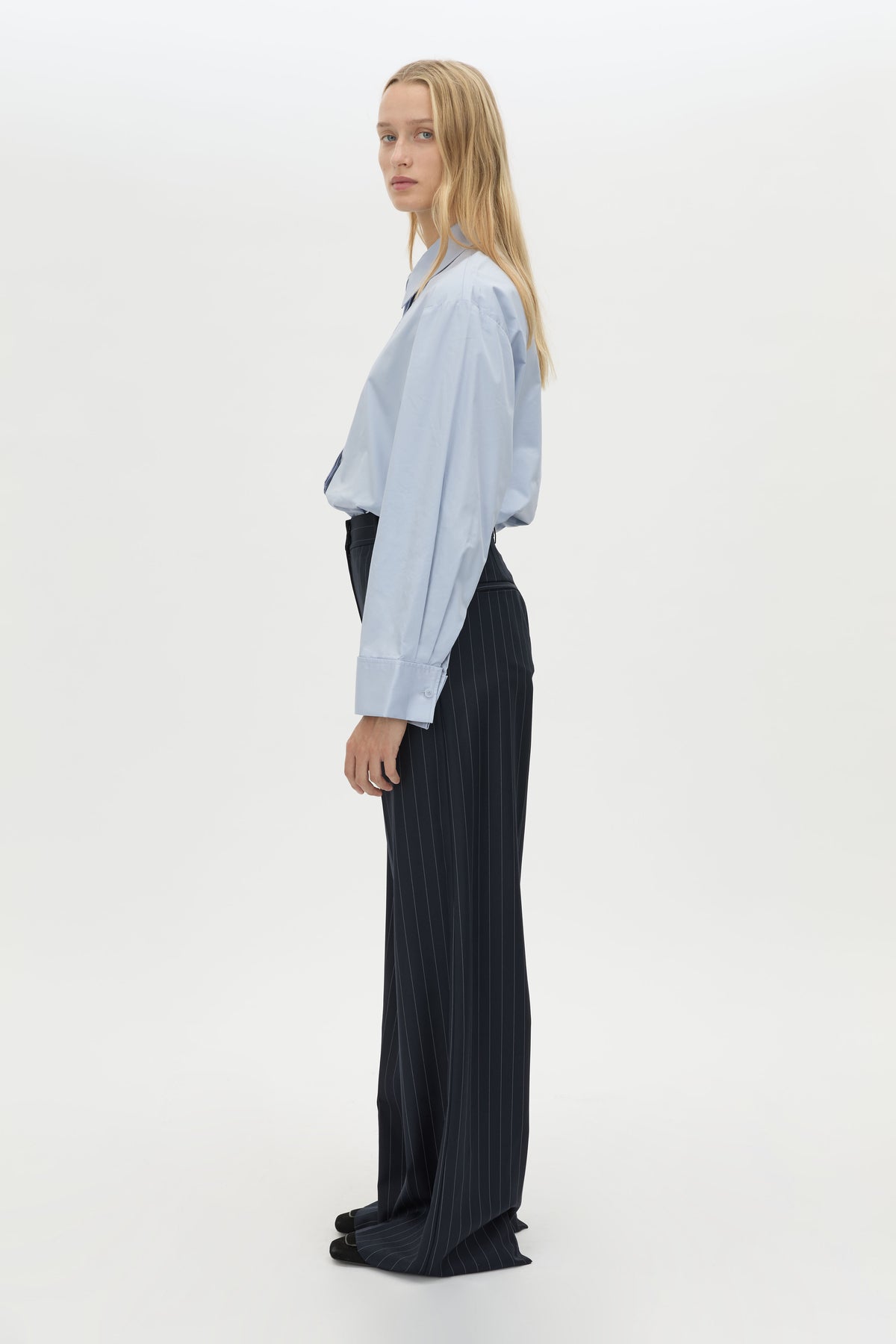 Side view CAMILLA AND MARC Tyler Long Sleeve Shirt in Sky Blue with relaxed fit.