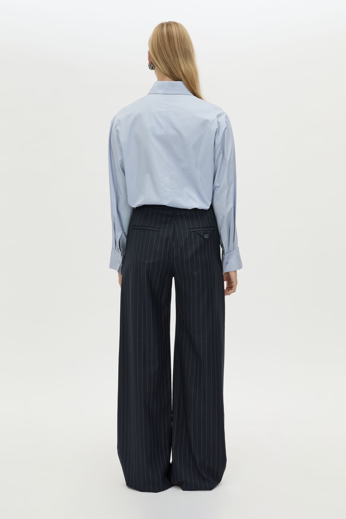 Back view CAMILLA AND MARC Tyler Long Sleeve Shirt in Sky Blue with relaxed fit.