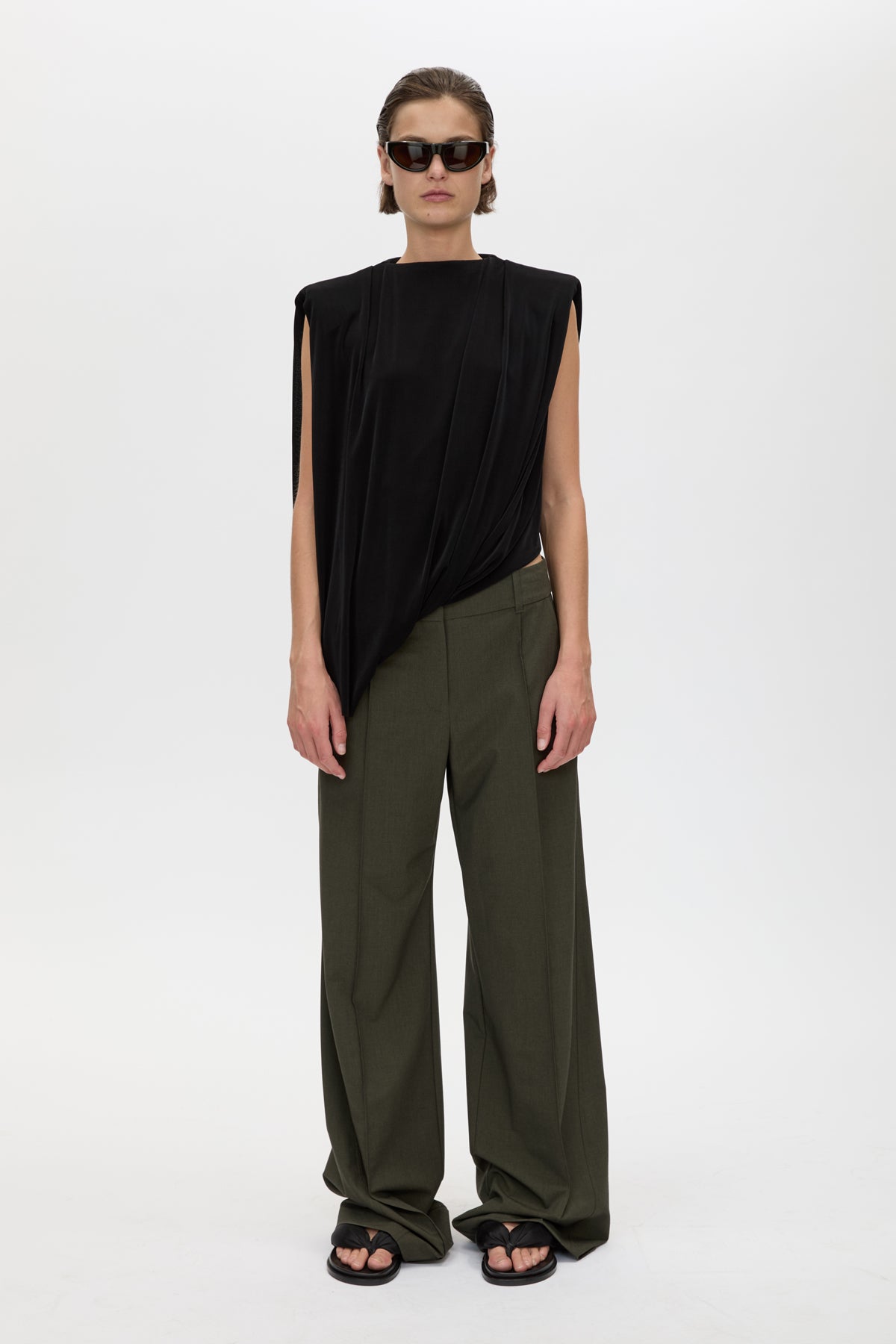 Front styled view CAMILLA AND MARC Una Straight Leg Trouser in Emerald Green with front pintucks, and a tailored waistband.