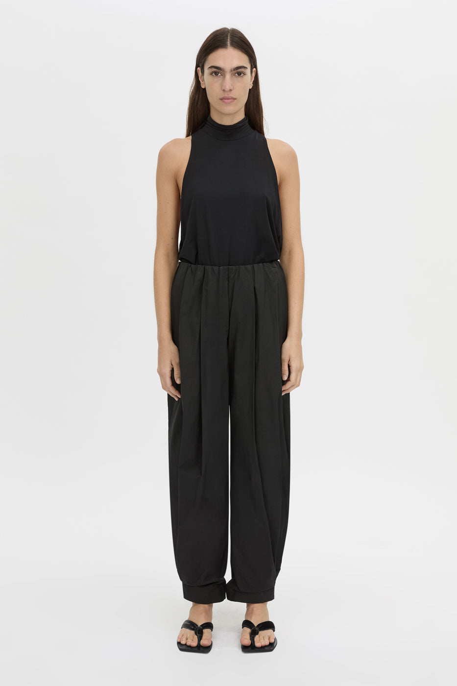 Front view CAMILLA AND MARC Valerie High Neck Bodysuit in black with low‑armhole and long‑line draping.