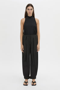 Front view CAMILLA AND MARC Valerie High Neck Bodysuit in black with low‑armhole and long‑line draping.
