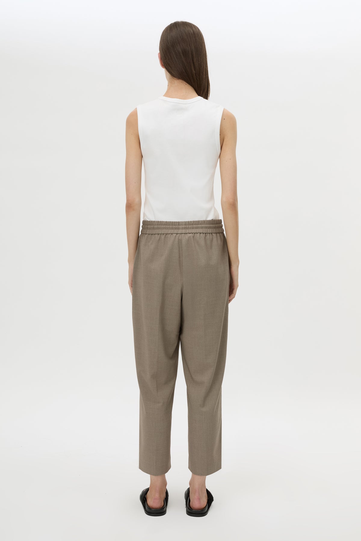 Back view CAMILLA AND MARC Vector Crop Pant in Mocha Brown with soft suiting fabrication.