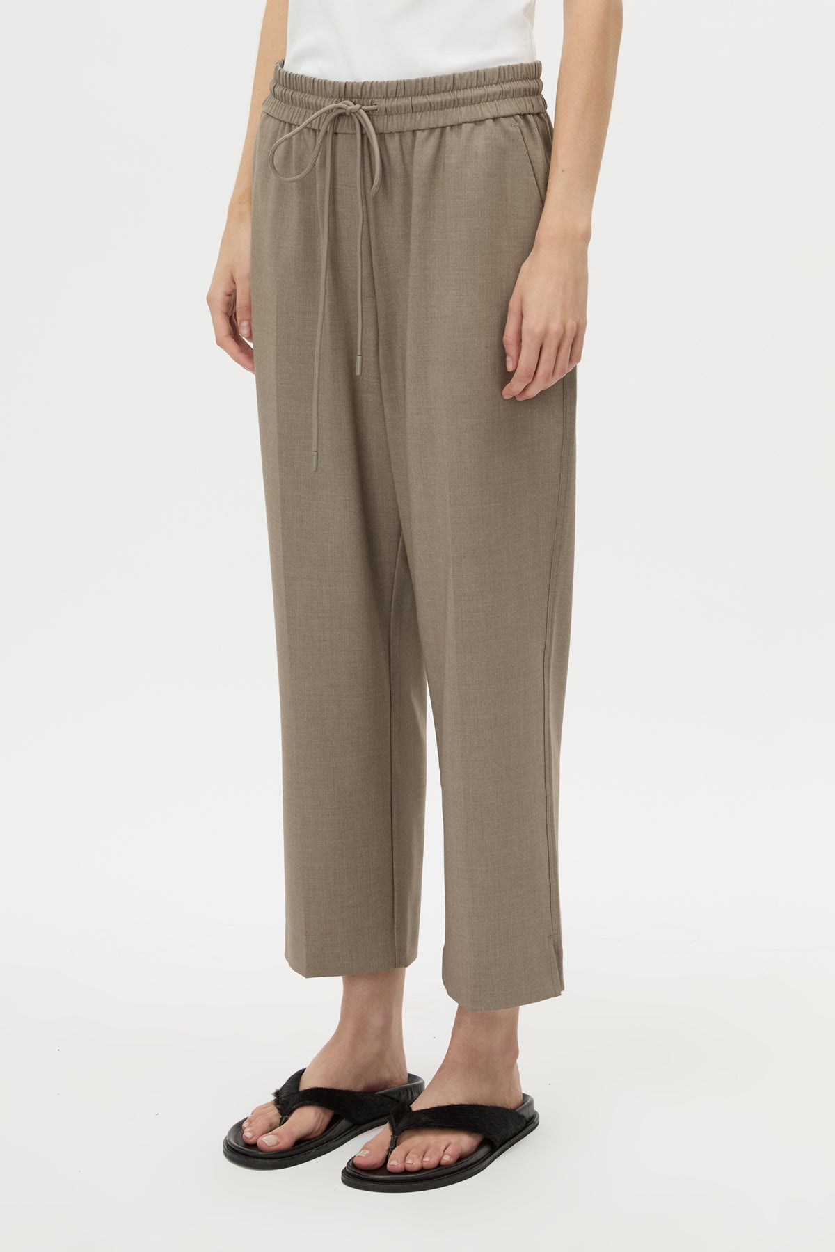Cropped view CAMILLA AND MARC Vector Crop Pant in Mocha Brown with soft suiting fabrication.