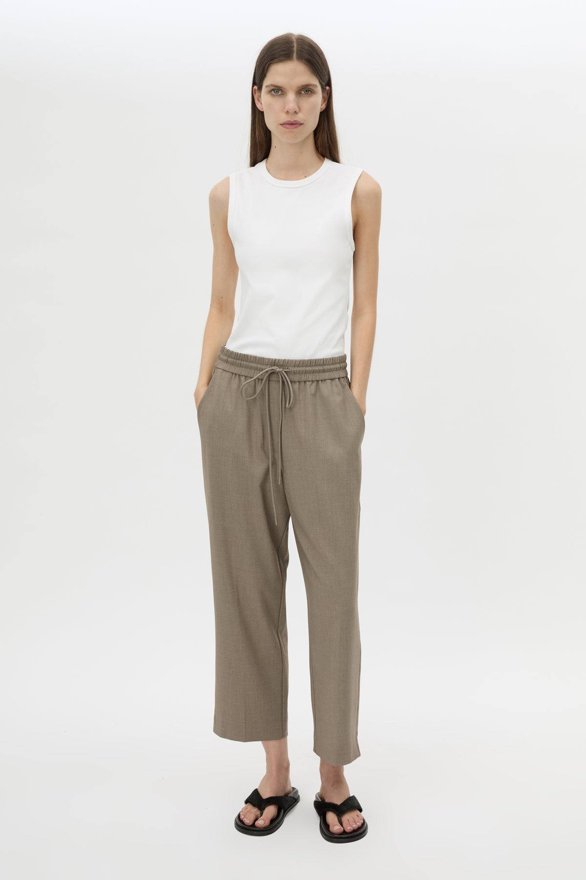 Front view CAMILLA AND MARC Vector Crop Pant in Mocha Brown with soft suiting fabrication.