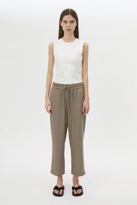 Front styled view CAMILLA AND MARC Vector Crop Pant in Mocha Brown with soft suiting fabrication.