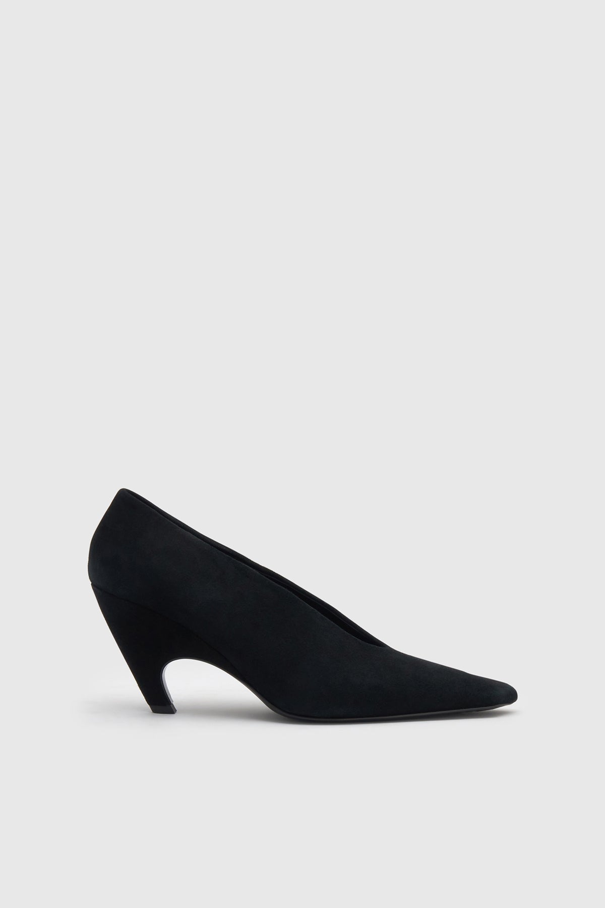 Front view CAMILLA AND MARC Wave Pump in Black suede with narrow square toe and angled heel.