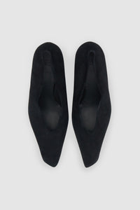 Top view CAMILLA AND MARC Wave Pump in Black suede with narrow square toe and angled heel.