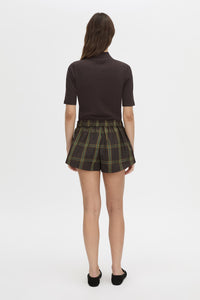 Back view CAMILLA AND MARC Winton Check Mini Short in espresso check with elasticated gathered waistband.