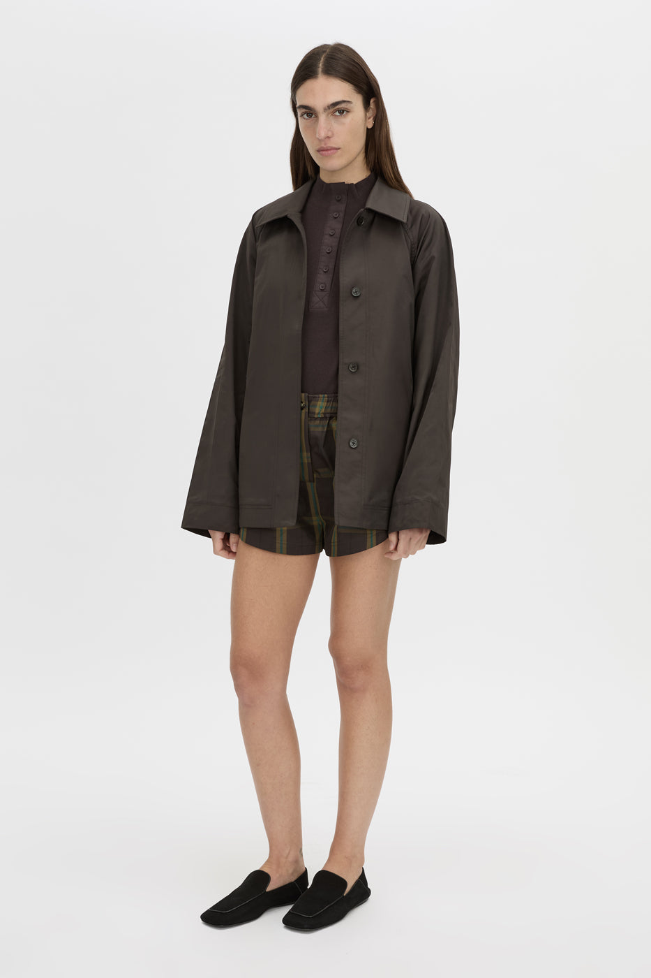 Styled view CAMILLA AND MARC Winton Check Mini Short in espresso check with elasticated gathered waistband.