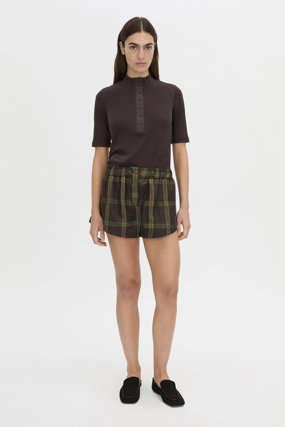 Front-styled-2 view CAMILLA AND MARC Winton Check Mini Short in espresso check with elasticated gathered waistband.