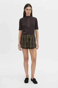 Front-styled-2 view CAMILLA AND MARC Winton Check Mini Short in espresso check with elasticated gathered waistband.