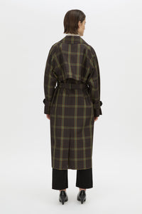 Back view CAMILLA AND MARC Winton Check Trench Coat in espresso check.