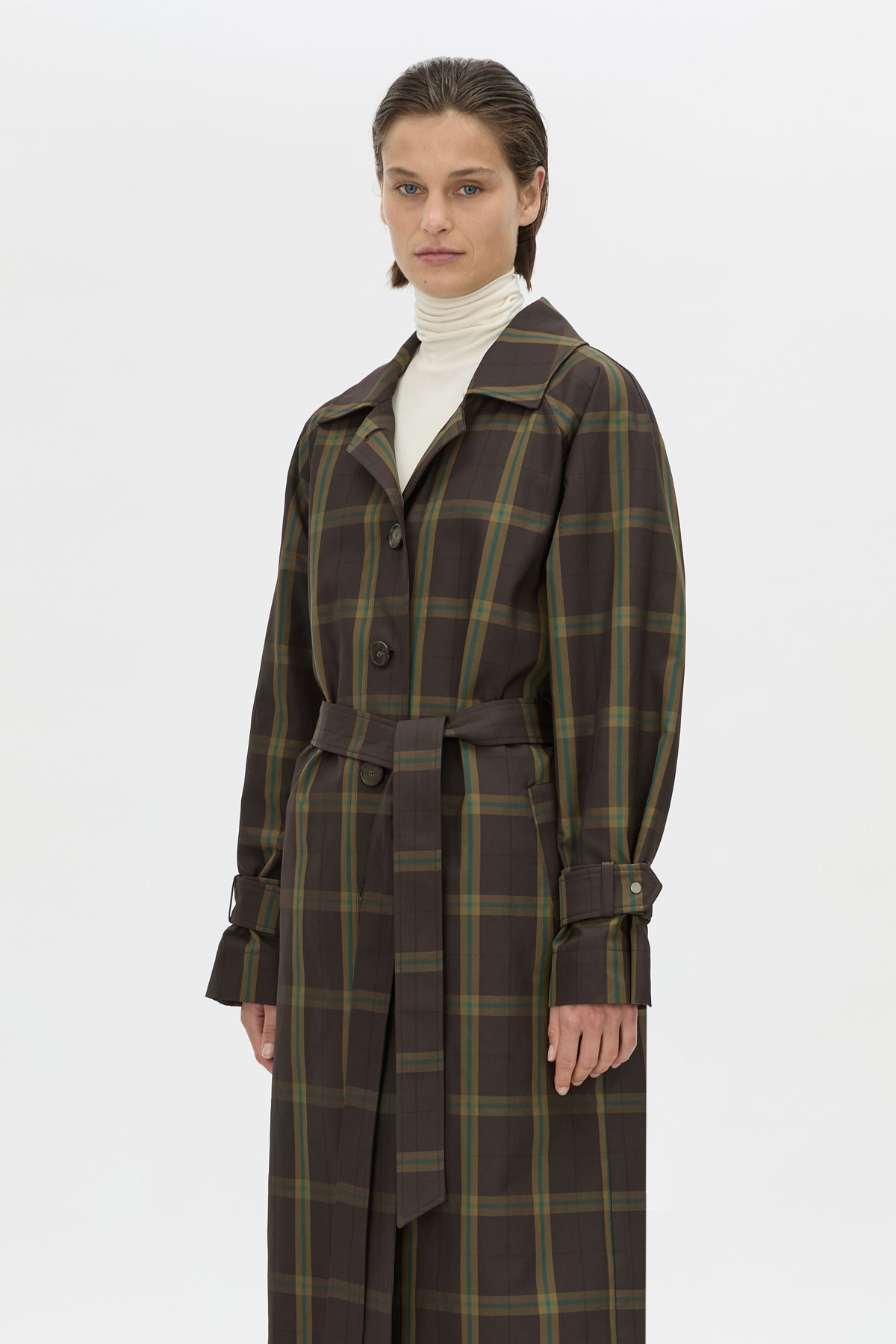 Cropped view CAMILLA AND MARC Winton Check Trench Coat in espresso check.