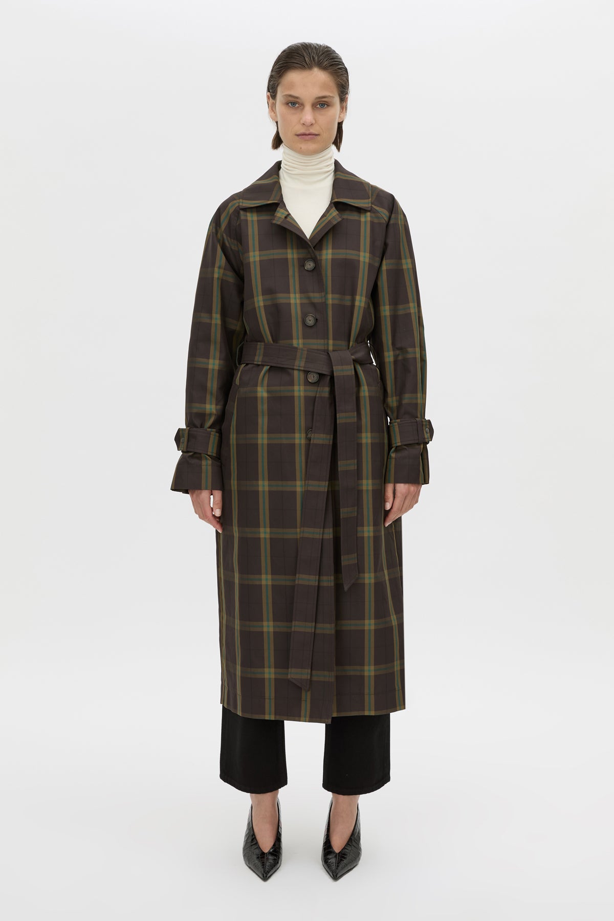 Front view CAMILLA AND MARC Winton Check Trench Coat in espresso check.