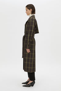 Side view CAMILLA AND MARC Winton Check Trench Coat in espresso check.