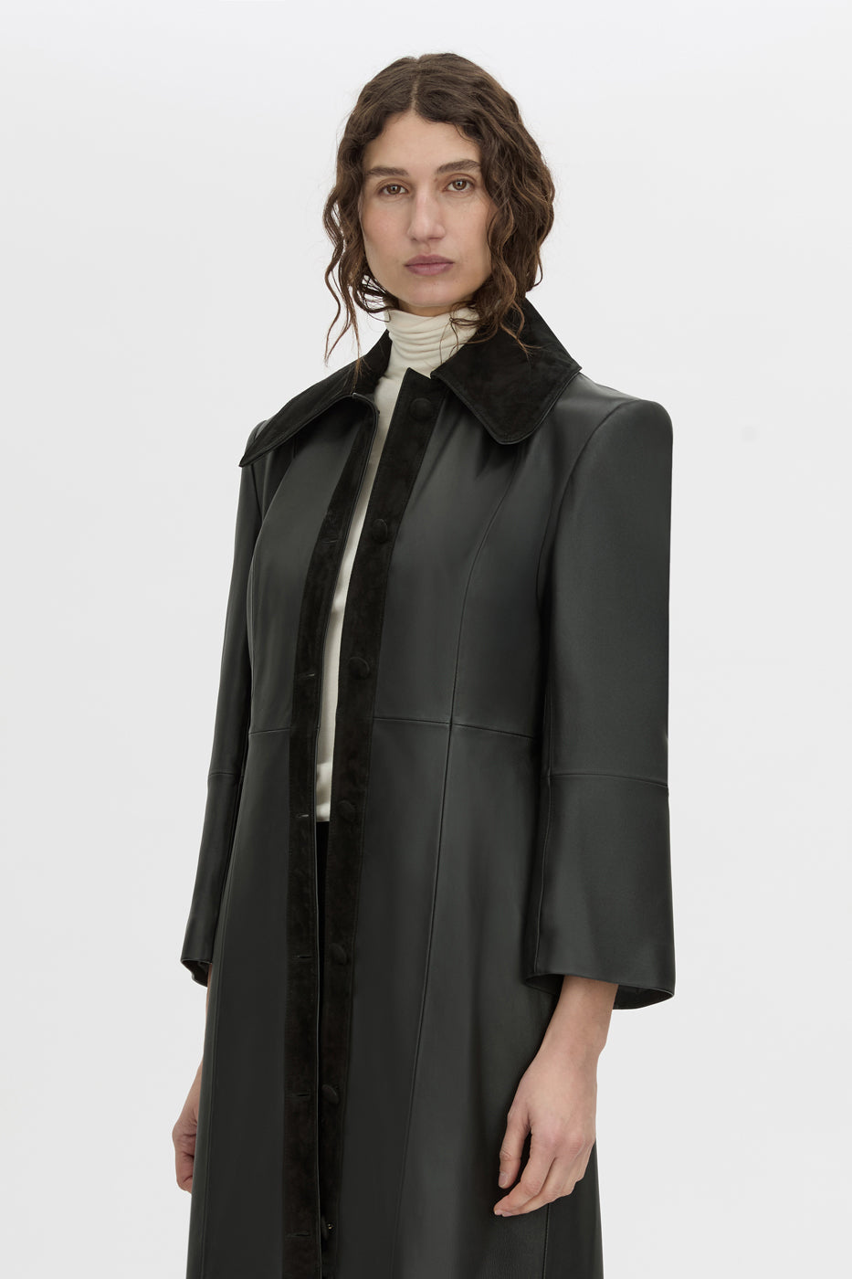 crop view CAMILLA AND MARC Yaz Leather Coat in black with contrast suede collar and placket.
