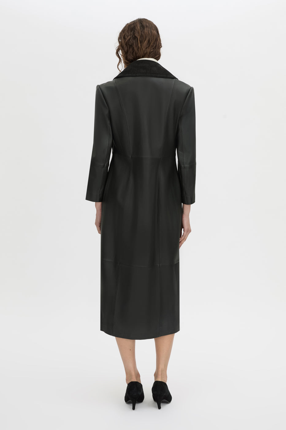 Back view CAMILLA AND MARC Yaz Leather Coat in black with contrast suede collar and placket.