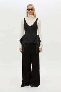 Front view CAMILLA AND MARC Zaman Top in Black with a structured sleeveless design and detachable hem fringe.