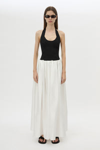 Front styled view CAMILLA AND MARC Zaya Maxi Skirt in Cream with gathered volume, and concealed elastic waistband.