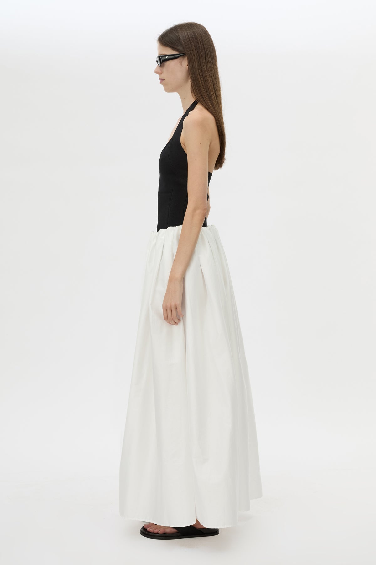 Side view CAMILLA AND MARC Zaya Maxi Skirt in Cream with gathered volume, and concealed elastic waistband.