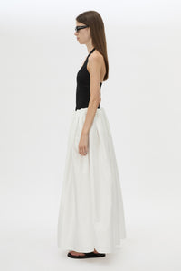 Side view CAMILLA AND MARC Zaya Maxi Skirt in Cream with gathered volume, and concealed elastic waistband.