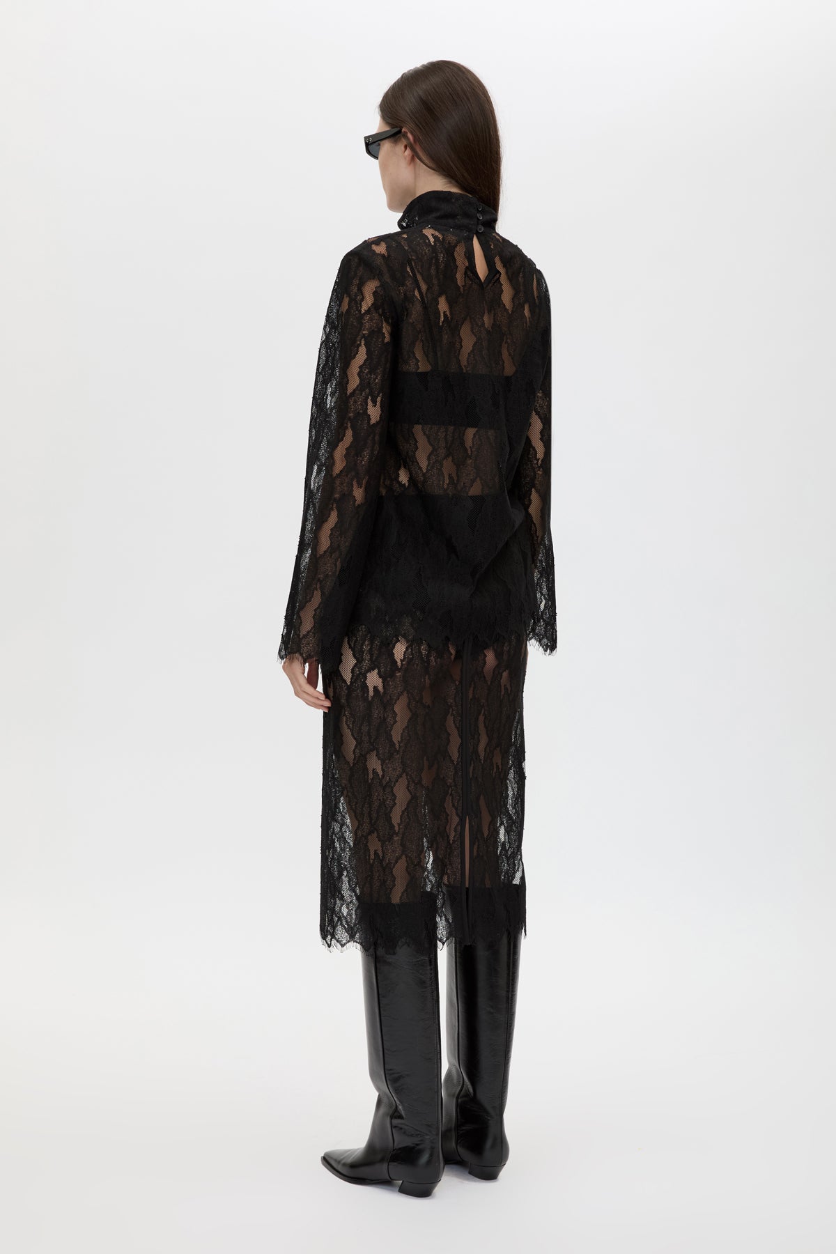 Back view CAMILLA AND MARC Zemira Long Sleeve Lace Top in Black with sheer lace and high neckband.