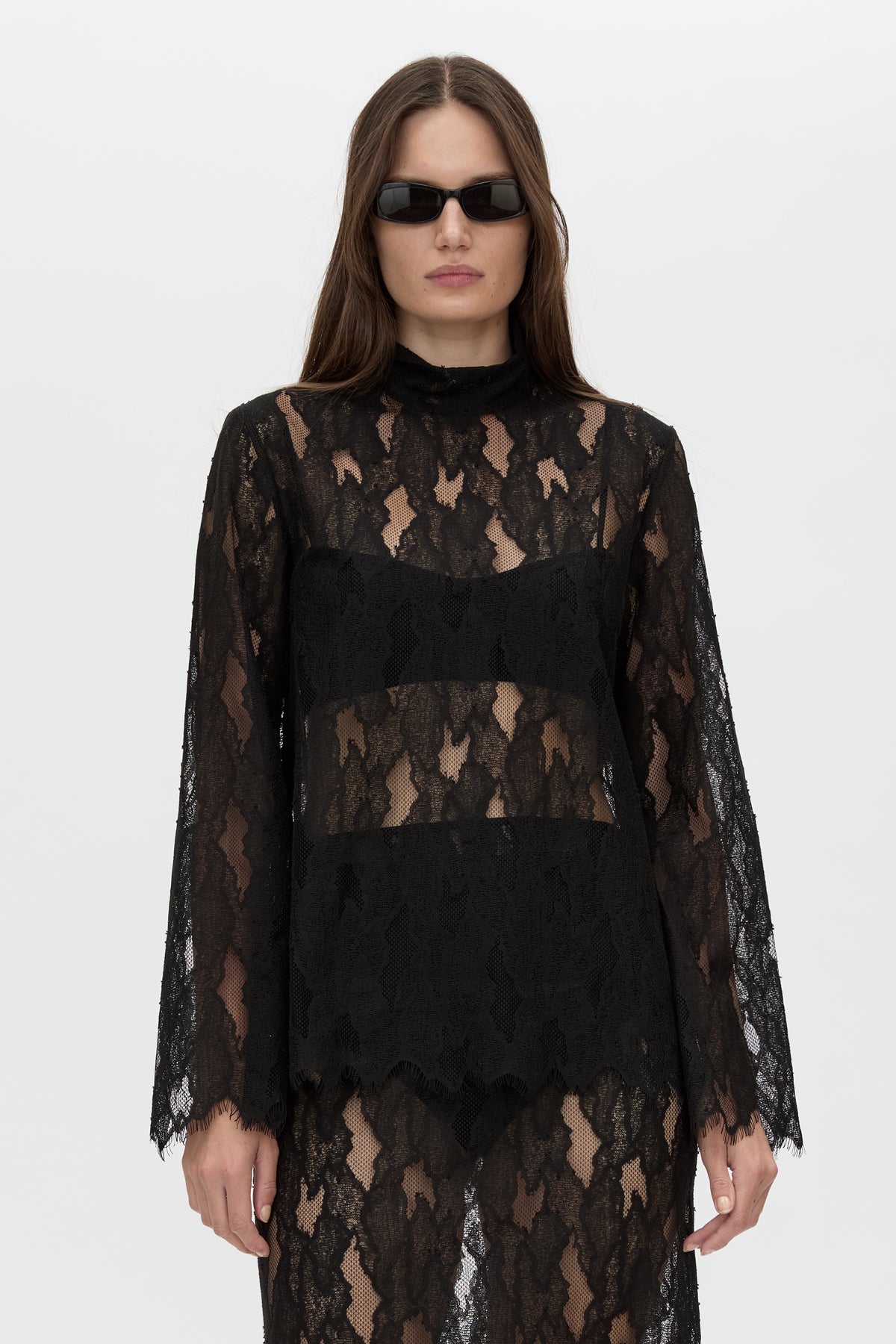 Cropped view CAMILLA AND MARC Zemira Long Sleeve Lace Top in Black with sheer lace and high neckband.