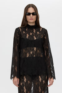 Cropped view CAMILLA AND MARC Zemira Long Sleeve Lace Top in Black with sheer lace and high neckband.