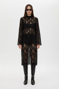 Front styled view CAMILLA AND MARC Zemira Long Sleeve Lace Top in Black with sheer lace and high neckband.