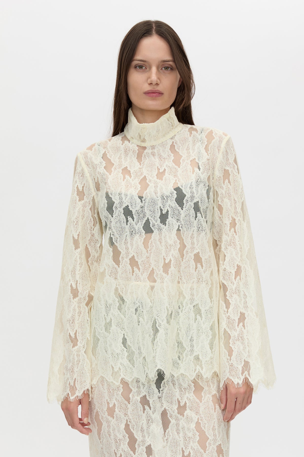 Cropped view CAMILLA AND MARC Zemira Long Sleeve Lace Top in Cream with sheer lace and high neckband.