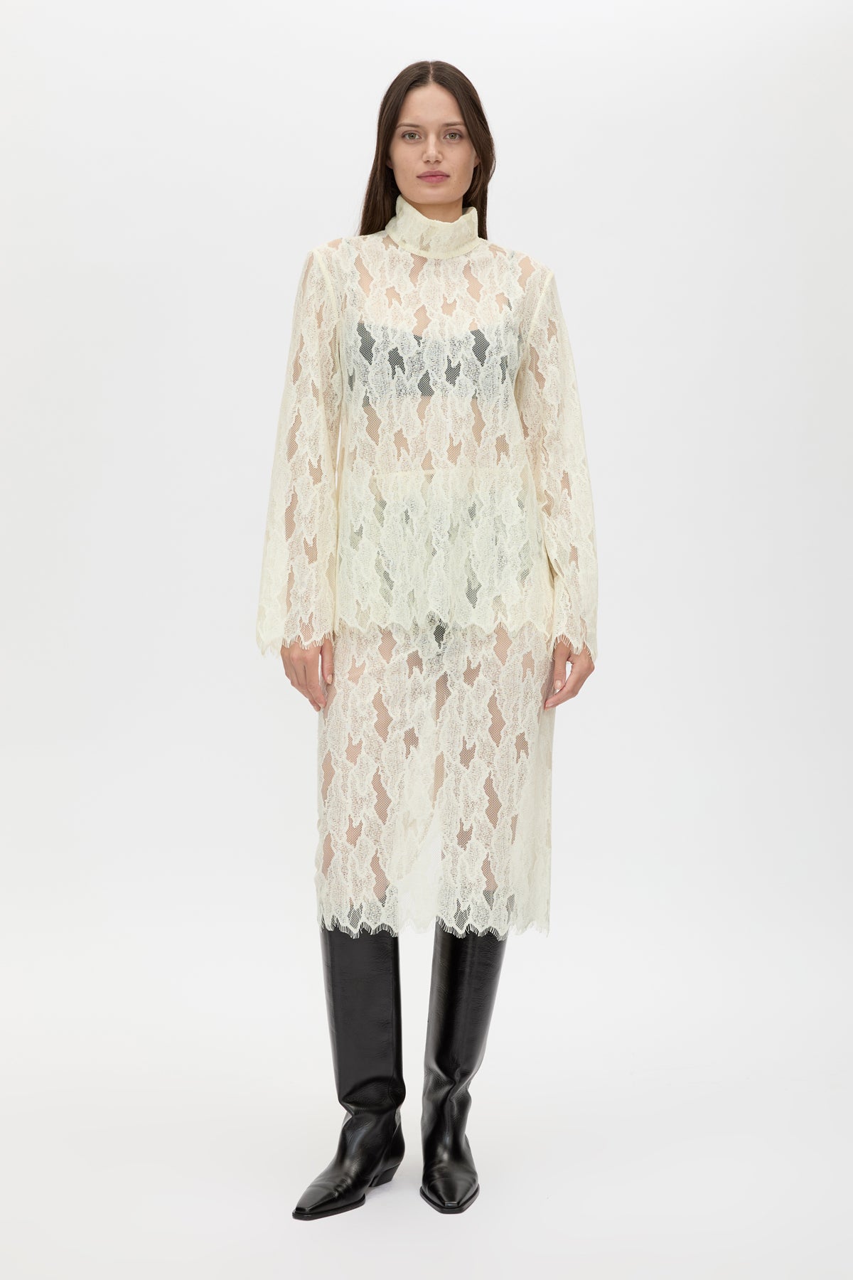 Front view CAMILLA AND MARC Zemira Long Sleeve Lace Top in Cream with sheer lace and high neckband.