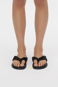 Front view CAMILLA AND MARC Zita Pony Croc Sandal in Black on foot.